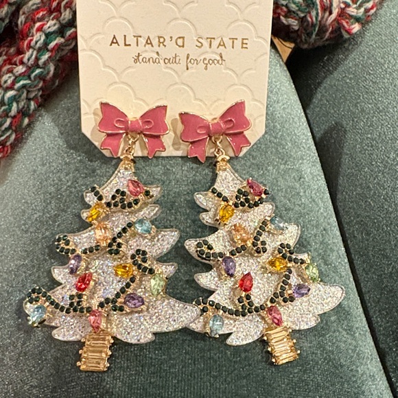 Altar'd State Jewelry - Altar'd State Glitter Christmas Tree Earrings Silver Holiday Party Statement
